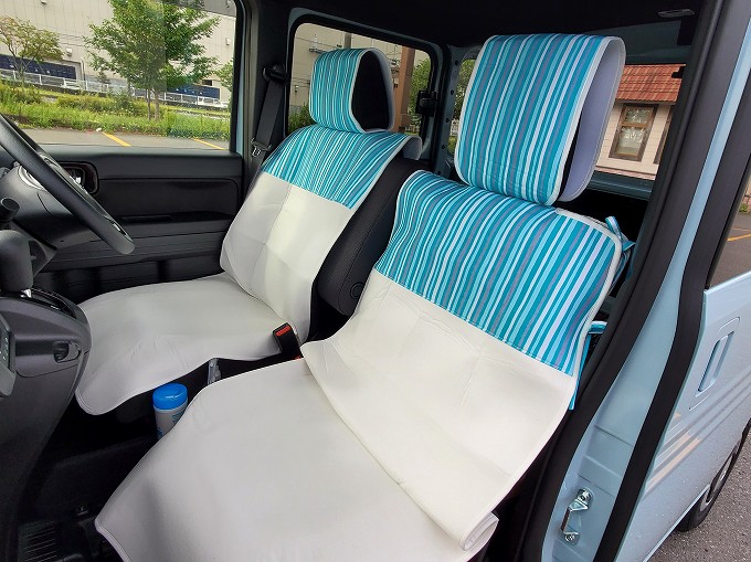 N Van日記 かわいいシートカバーを装着 車中泊 車内テレワークへの道 Day6 9 北海道キャンピングカーlife